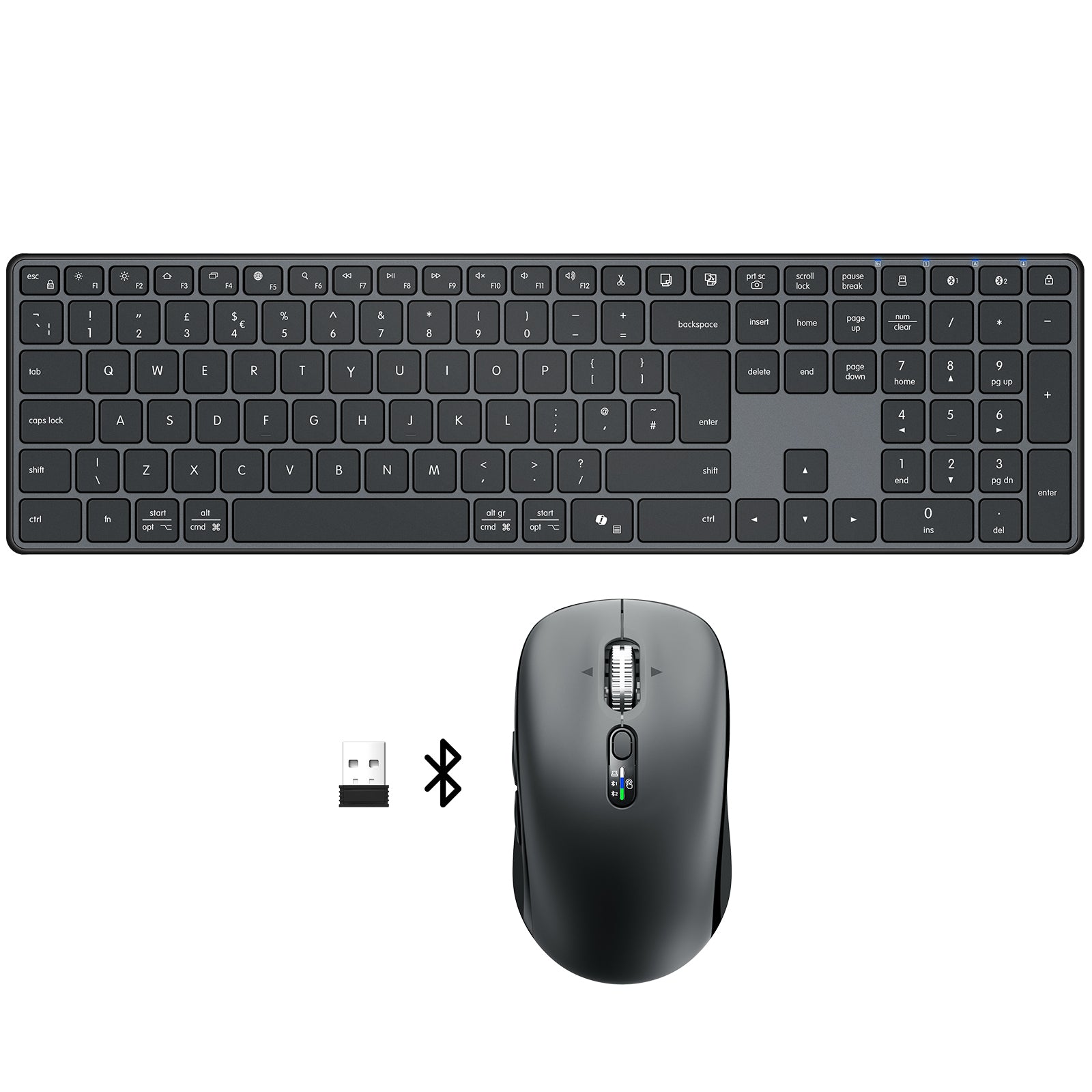 M9250 Wireless Bluetooth Keyboard Mouse Combo, Connect 3 Decives（USB-A+BT*2）,UK layout Full-size Silent Wireless Keyboard and Ergonomic Mouse Set for Windows, Android, Computer Desktop PC Laptop